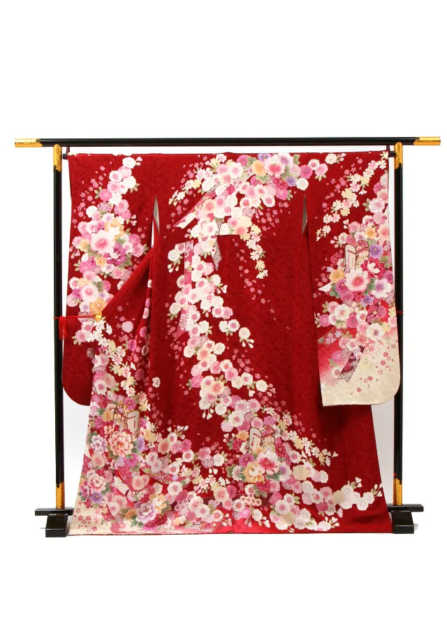 【正絹】卒業式女性袴 振袖袴 赤 菊牡丹八重桜 御所車/ベージュ袴 0220