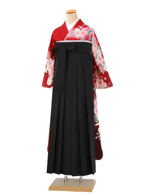 【正絹】卒業式女性袴 振袖袴 赤 菊 八重桜/黒袴 0221