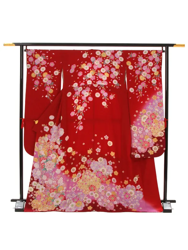 【正絹】卒業式女性袴 振袖袴 赤 牡丹菊くす玉 八重桜/ベージュ袴 0223