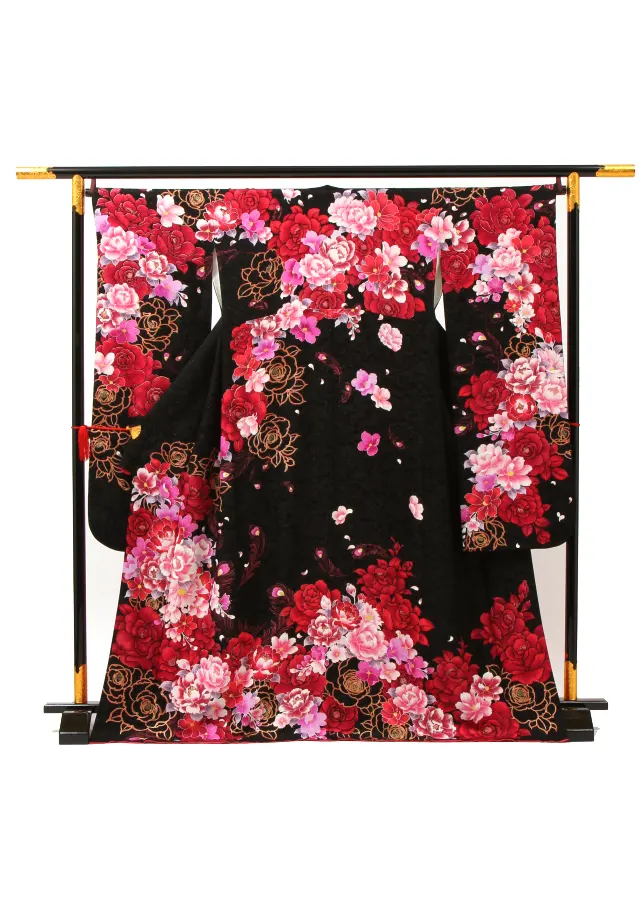 【正絹】卒業式女性袴 振袖袴 黒 薔薇牡丹/茶袴 0226