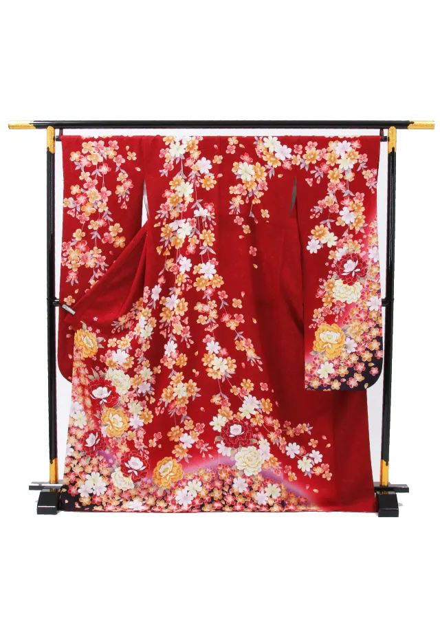 【正絹】卒業式女性袴 振袖袴 赤 牡丹桜/茶袴 0229