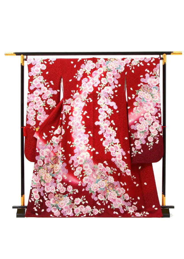 【正絹】卒業式女性袴 振袖袴 赤 牡丹八重桜まり/茶袴 0230