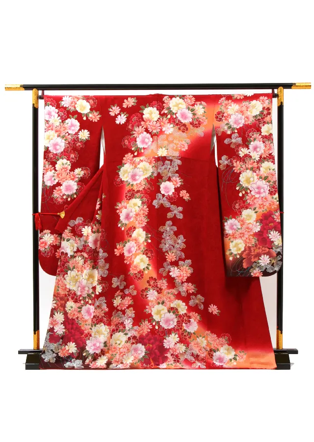 【正絹】卒業式女性袴 振袖袴 赤 八重桜菊/茶袴 0233