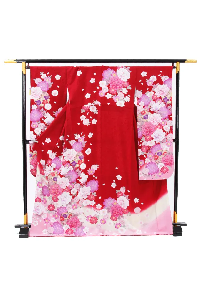【正絹】卒業式女性袴 振袖袴 赤 菊牡丹桜/ベージュ袴 0238