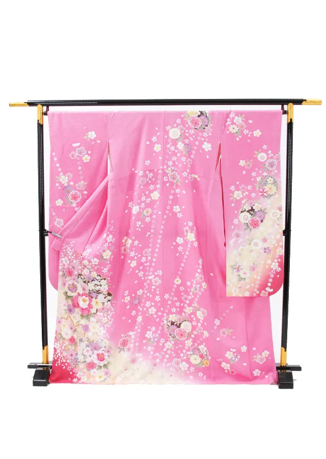 【正絹】卒業式女性袴 振袖袴 ピンク 菊牡丹桜/茶袴 0240