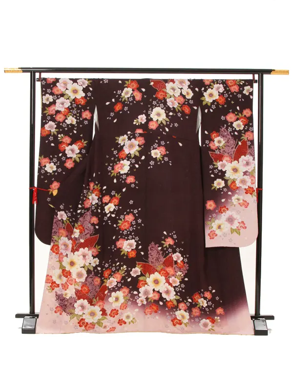 【正絹】卒業式女性袴 振袖袴 茶 八重桜/ベージュ袴 0244