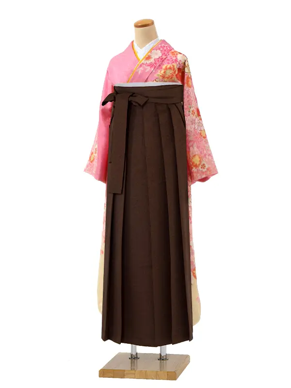 【正絹】卒業式女性袴 振袖袴 ピンク 牡丹八重桜菊/茶袴 0246