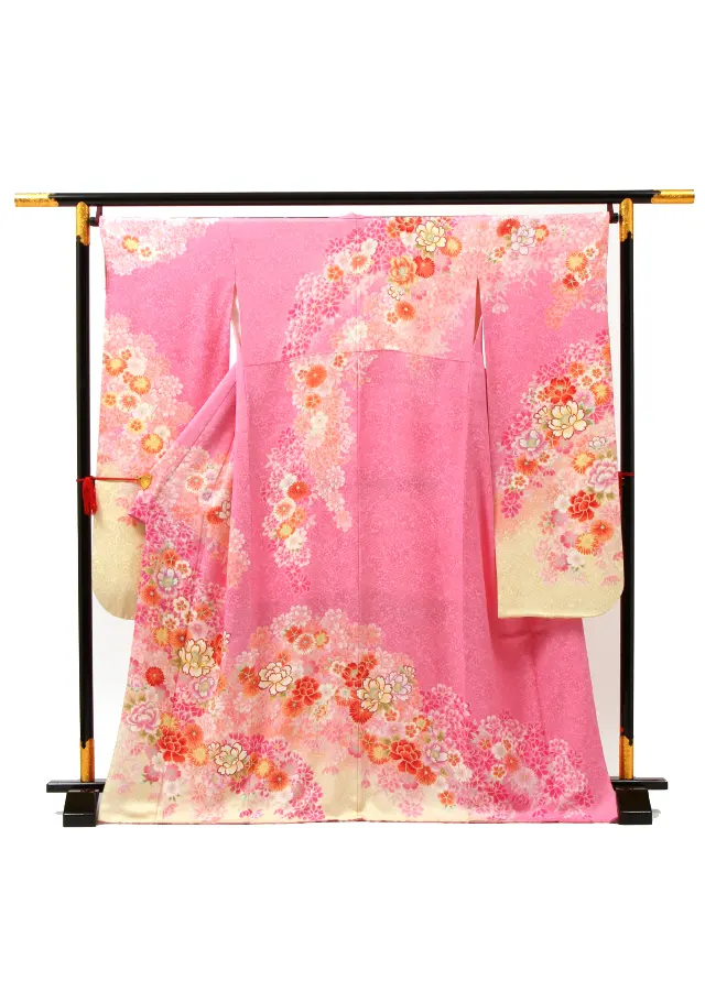 【正絹】卒業式女性袴 振袖袴 ピンク 牡丹八重桜菊/茶袴 0246