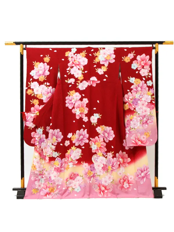 【正絹】卒業式女性袴 振袖袴 赤 桜楓/黒袴 0260