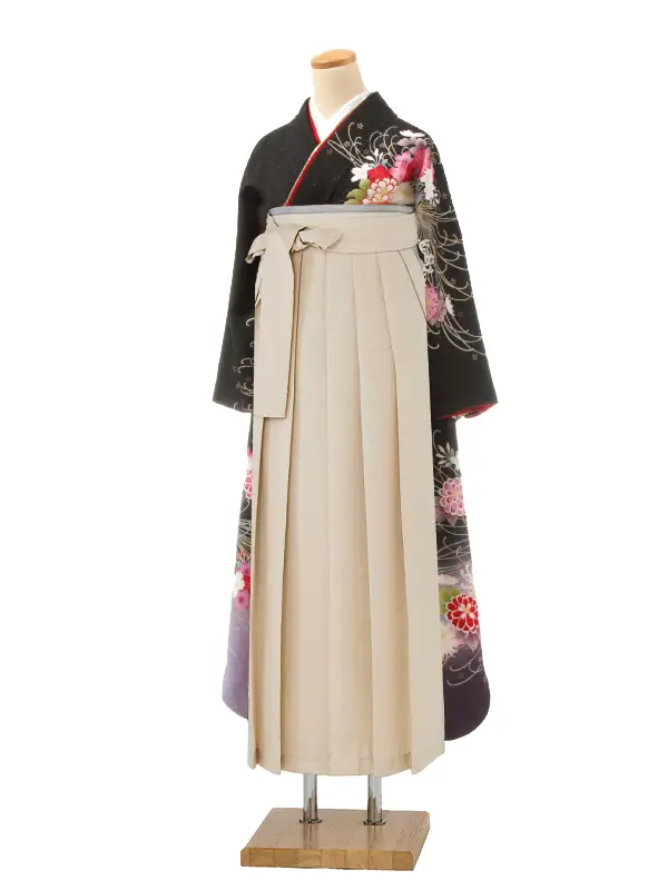 【正絹】卒業式女性袴 振袖袴 黒 菊桜/ベージュ袴 0261