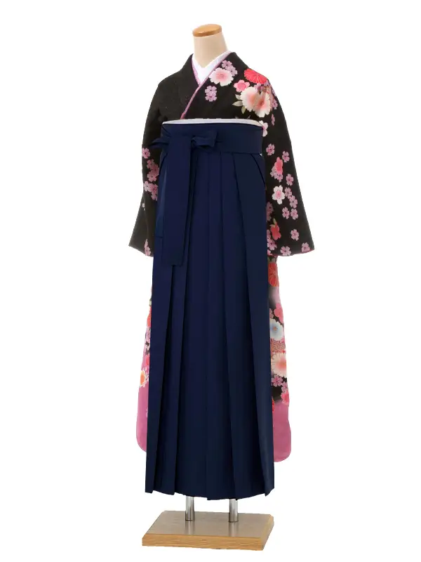 【正絹】卒業式女性袴 振袖袴 黒 菊桜/紺袴 0262