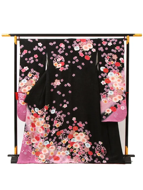 【正絹】卒業式女性袴 振袖袴 黒 菊桜/紺袴 0262