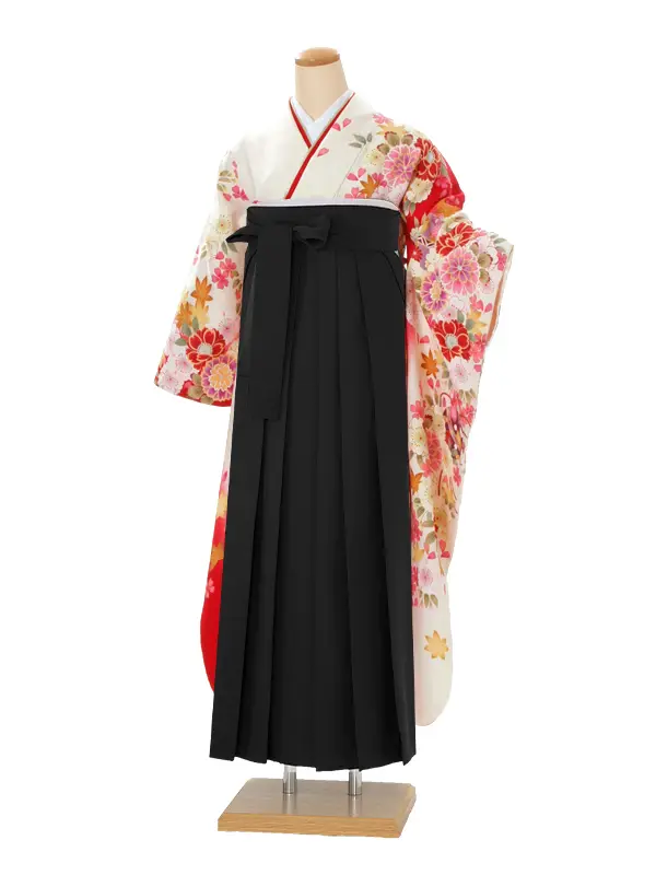 【正絹】卒業式女性袴 振袖袴 白 菊八重桜 鈴/黒袴 0265