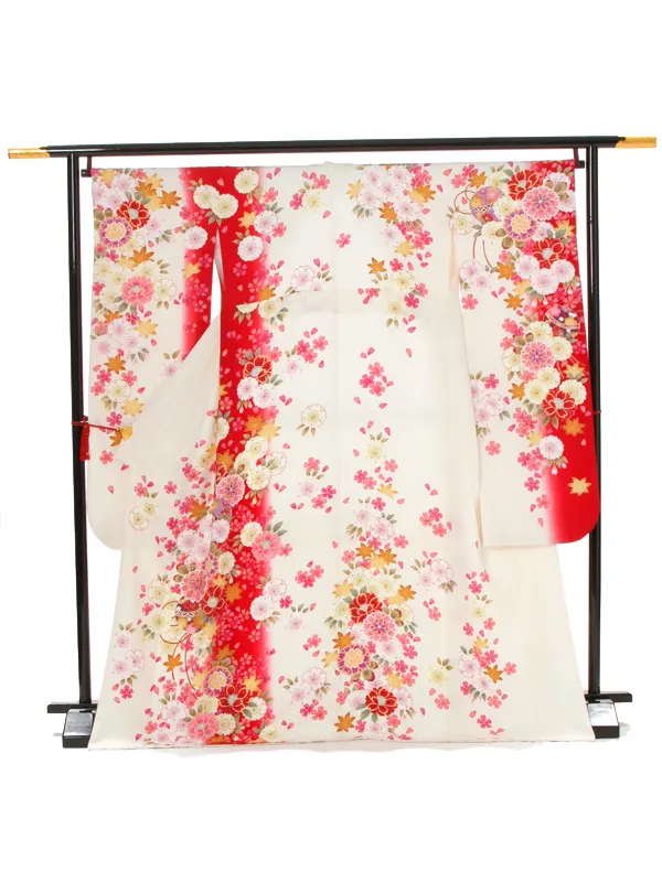 【正絹】卒業式女性袴 振袖袴 白 菊八重桜 鈴/黒袴 0265