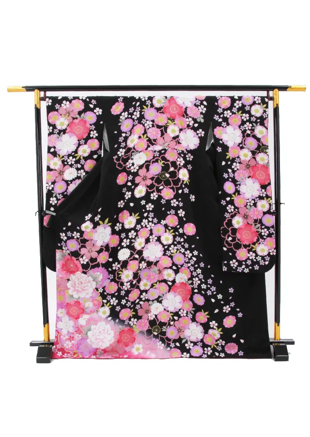 【正絹】卒業式女性袴 振袖袴 黒 牡丹八重桜/ベージュ袴 0268