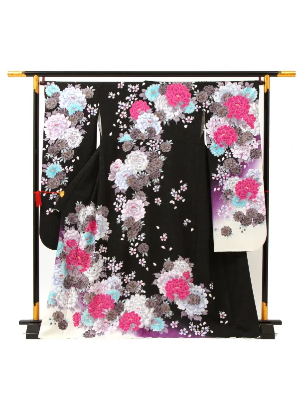 【正絹】卒業式女性袴 振袖袴 黒 牡丹八重桜/ベージュ袴 0273