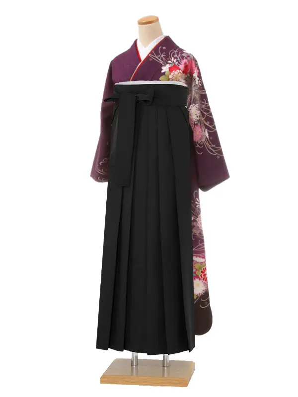 【正絹】卒業式女性袴 振袖袴 紫 菊八重桜 鈴/黒袴 0275