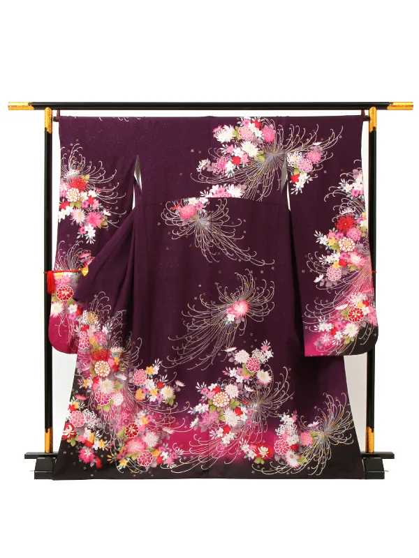 【正絹】卒業式女性袴 振袖袴 紫 菊八重桜 鈴/黒袴 0275