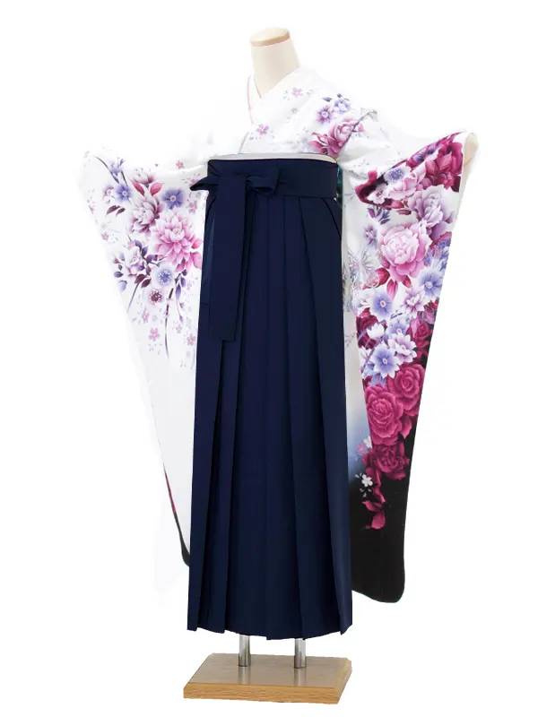 【正絹】卒業式女性袴 振袖袴 白 薔薇 蝶/紺袴 0278