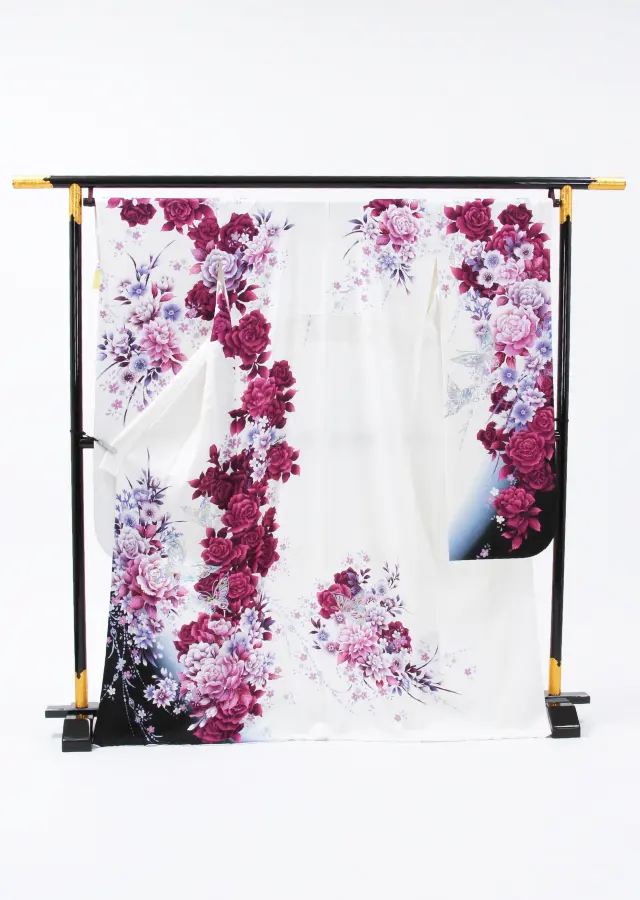 【正絹】卒業式女性袴 振袖袴 白 薔薇 蝶/紺袴 0278