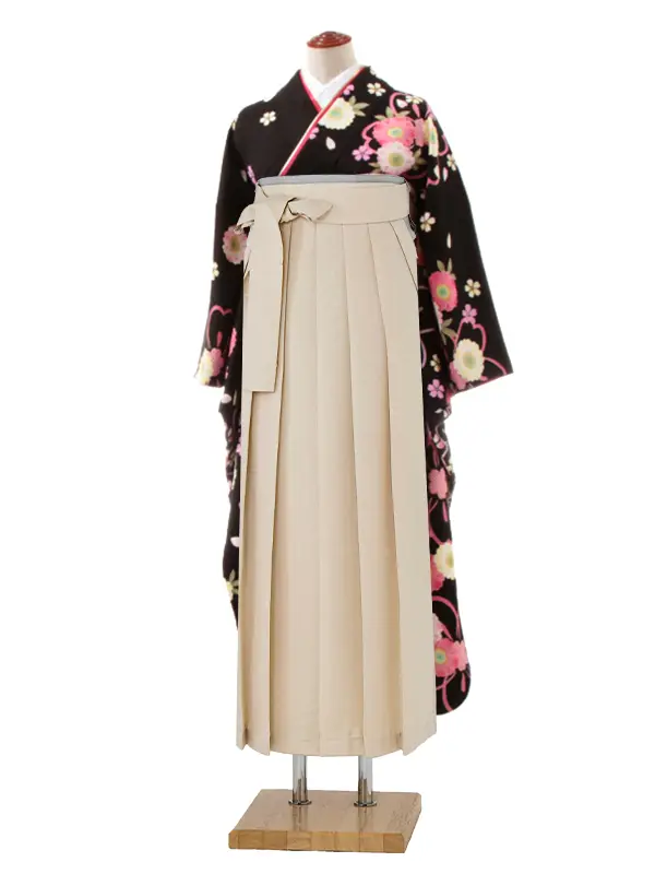 【正絹】卒業式女性袴 振袖袴 黒 菊桜/ベージュ袴 0282