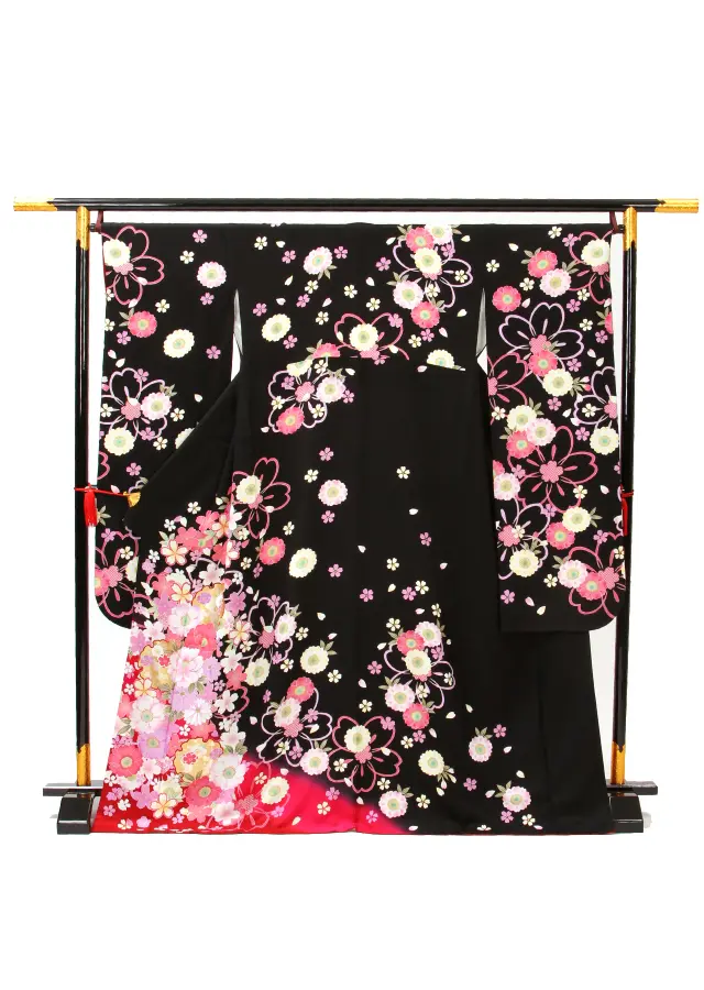 【正絹】卒業式女性袴 振袖袴 黒 菊桜/ベージュ袴 0282