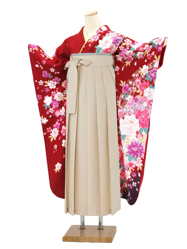 【正絹】卒業式女性袴 振袖袴 赤 桜菊牡丹/ベージュ袴 0302