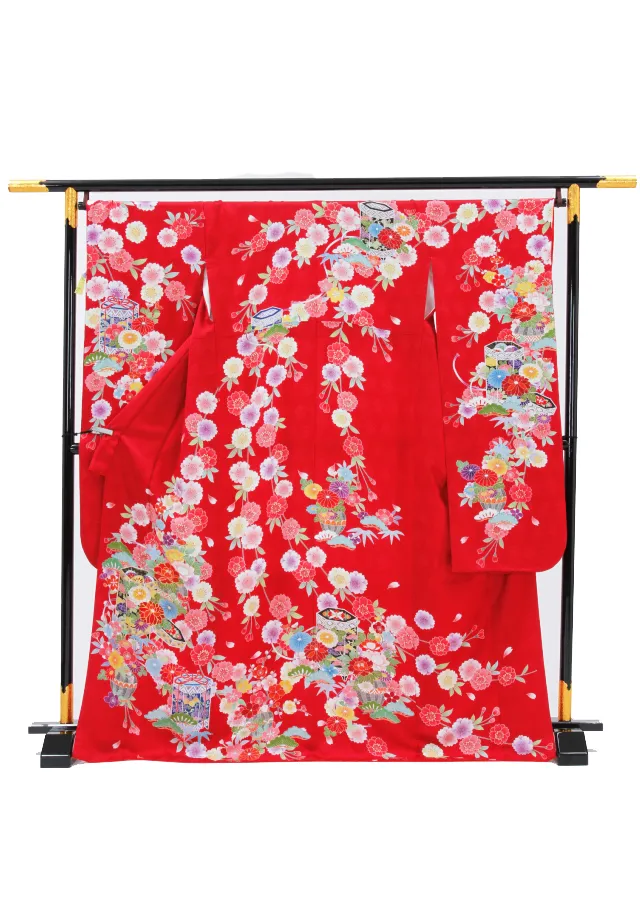 【正絹】卒業式女性袴 振袖袴 赤 菊桜牡丹 貝桶/茶袴 0304