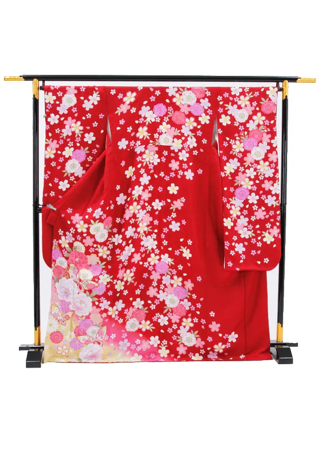 【正絹】卒業式女性袴 振袖袴 赤 八重桜 蝶/紺袴 0309