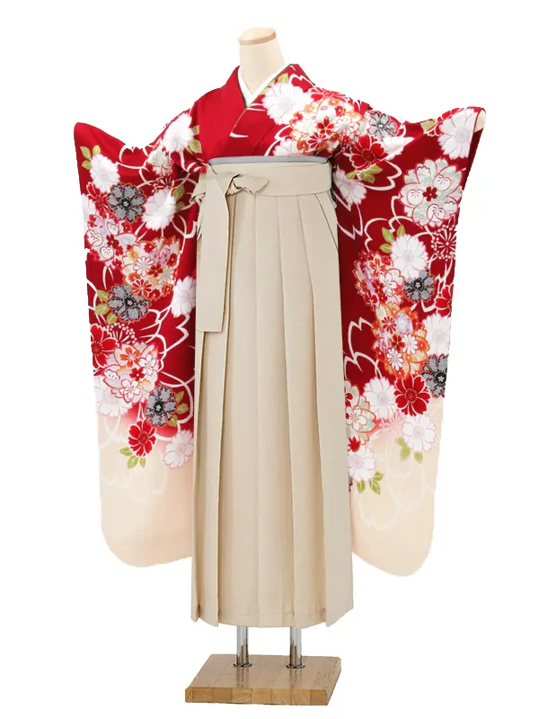 【正絹】卒業式女性袴 振袖袴 赤 桜楓菊/ベージュ袴 0318