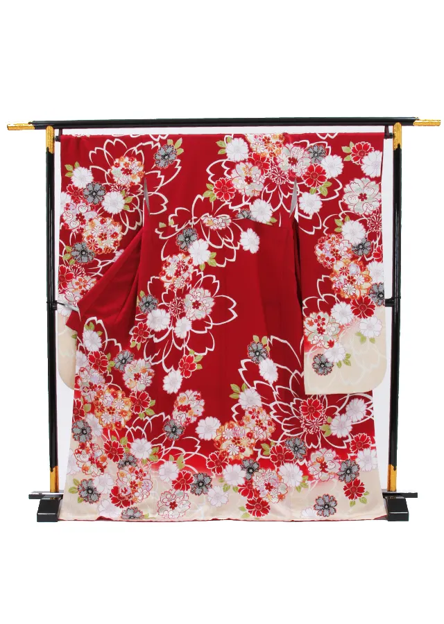 【正絹】卒業式女性袴 振袖袴 赤 桜楓菊/ベージュ袴 0318