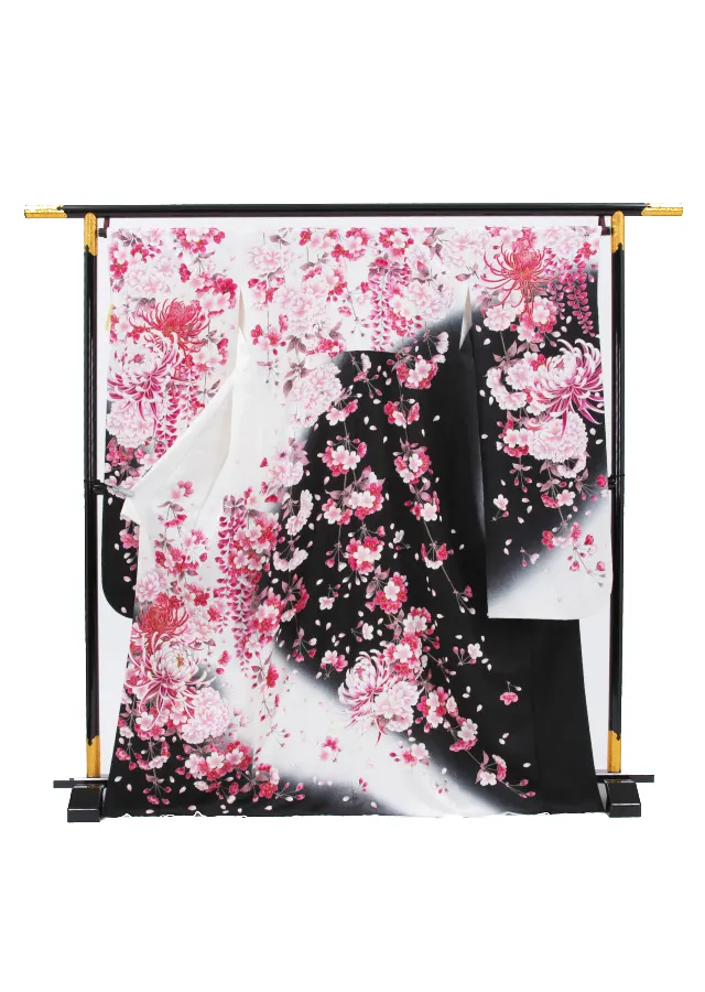 【正絹】卒業式女性袴 振袖袴 白 菊桜藤/黒袴 0319