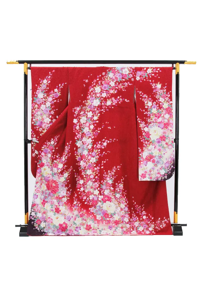 【正絹】卒業式女性袴 振袖袴 赤 牡丹桜まり/ベージュ袴 0322