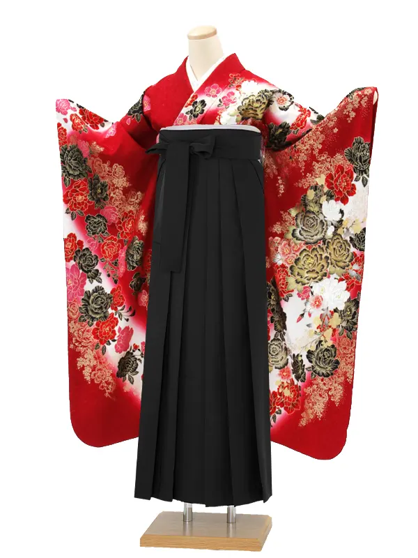 【正絹】卒業式女性袴 振袖袴 赤 牡丹桜/黒袴 0324