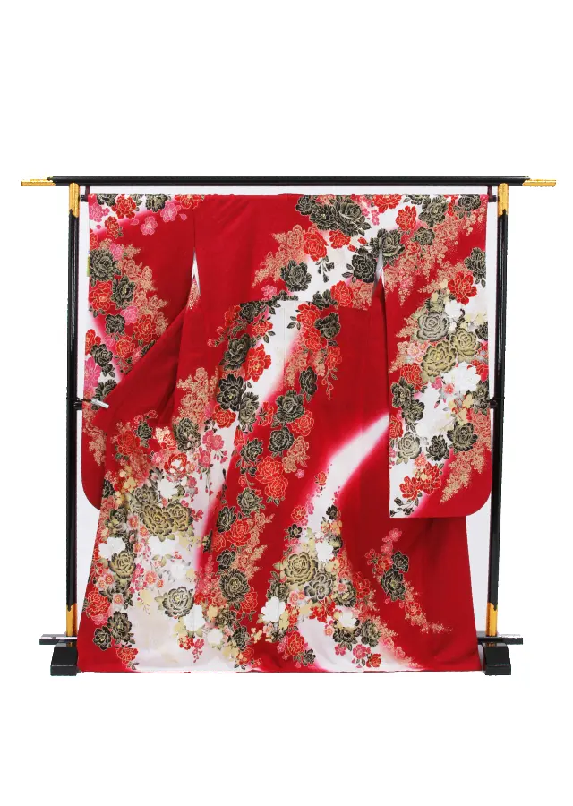 【正絹】卒業式女性袴 振袖袴 赤 牡丹桜/黒袴 0324