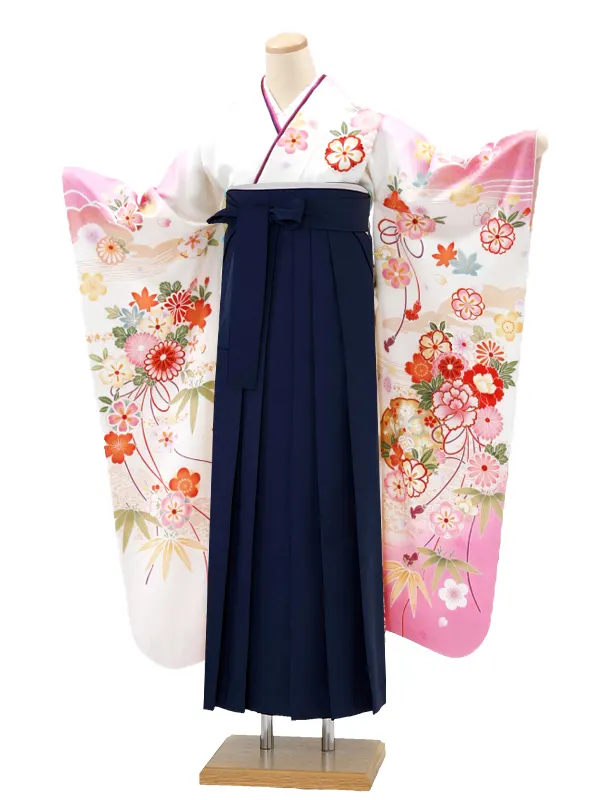 【正絹】卒業式女性袴 振袖袴 ピンク 桜菊牡丹 花車/紺袴 0326