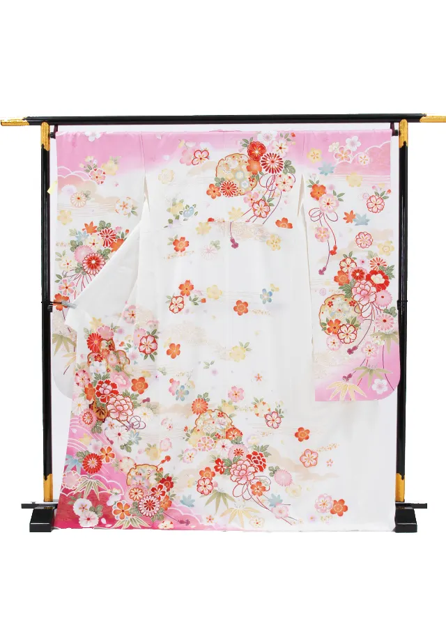 【正絹】卒業式女性袴 振袖袴 ピンク 桜菊牡丹 花車/紺袴 0326