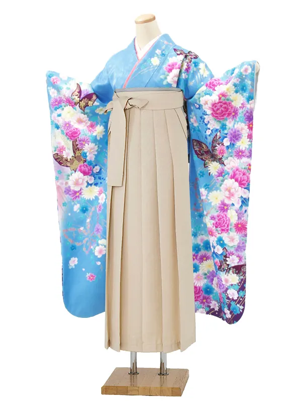 【正絹】卒業式女性袴 振袖袴 青 菊牡丹桜蝶/ベージュ袴 0332