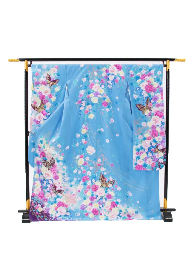 【正絹】卒業式女性袴 振袖袴 青 菊牡丹桜蝶/ベージュ袴 0332