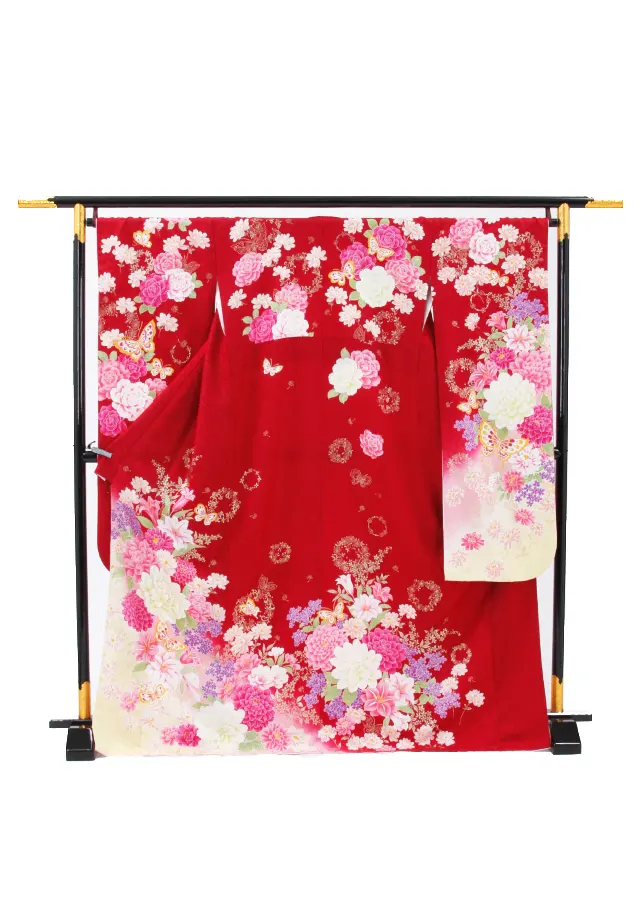 【正絹】卒業式女性袴 振袖袴 赤 菊百合蝶/ベージュ袴 0338