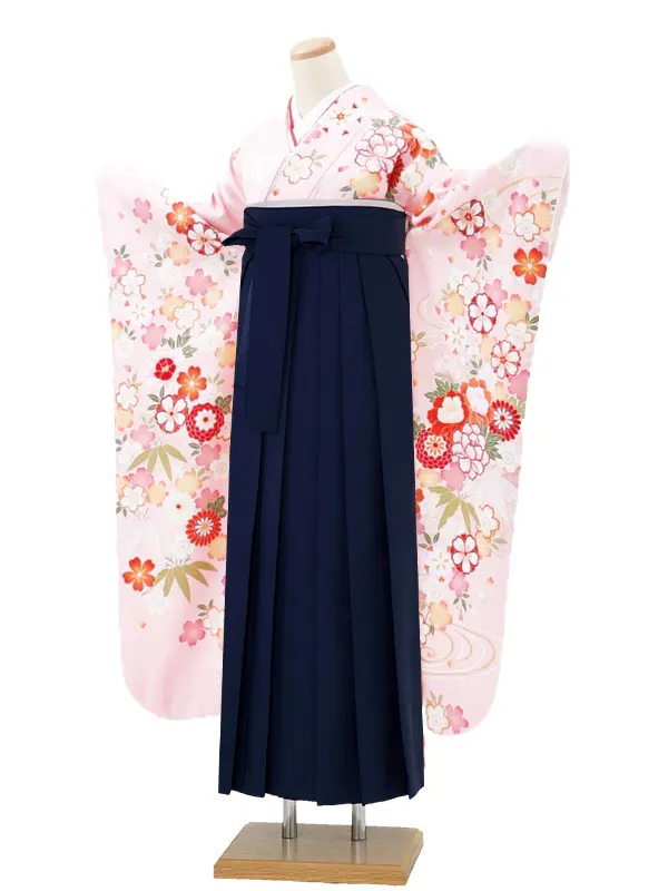 【正絹】卒業式女性袴 振袖袴 ピンク 桜菊蝶/紺袴 0342