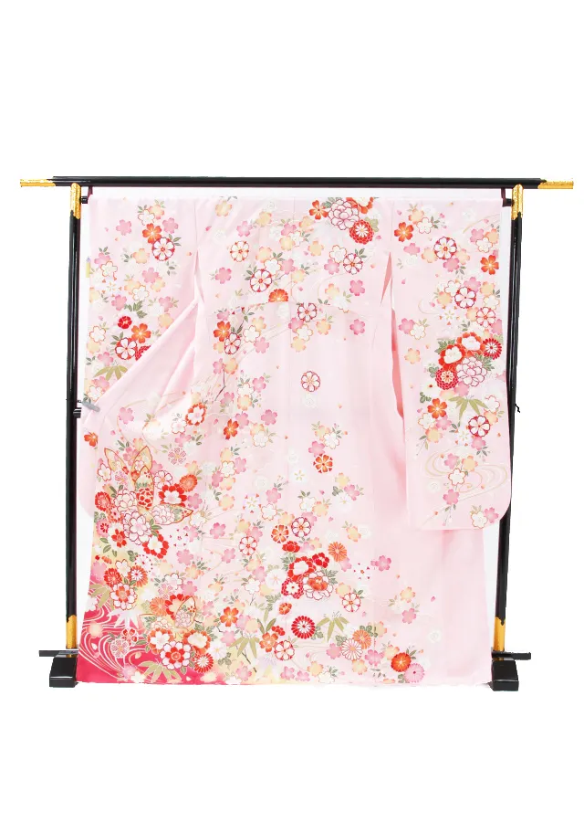 【正絹】卒業式女性袴 振袖袴 ピンク 桜菊蝶/紺袴 0342