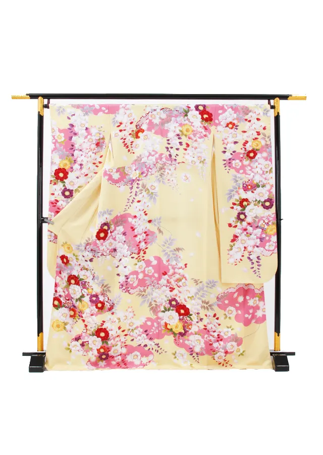 【正絹】卒業式女性袴 振袖袴 黄 八重桜藤/紺袴 0351