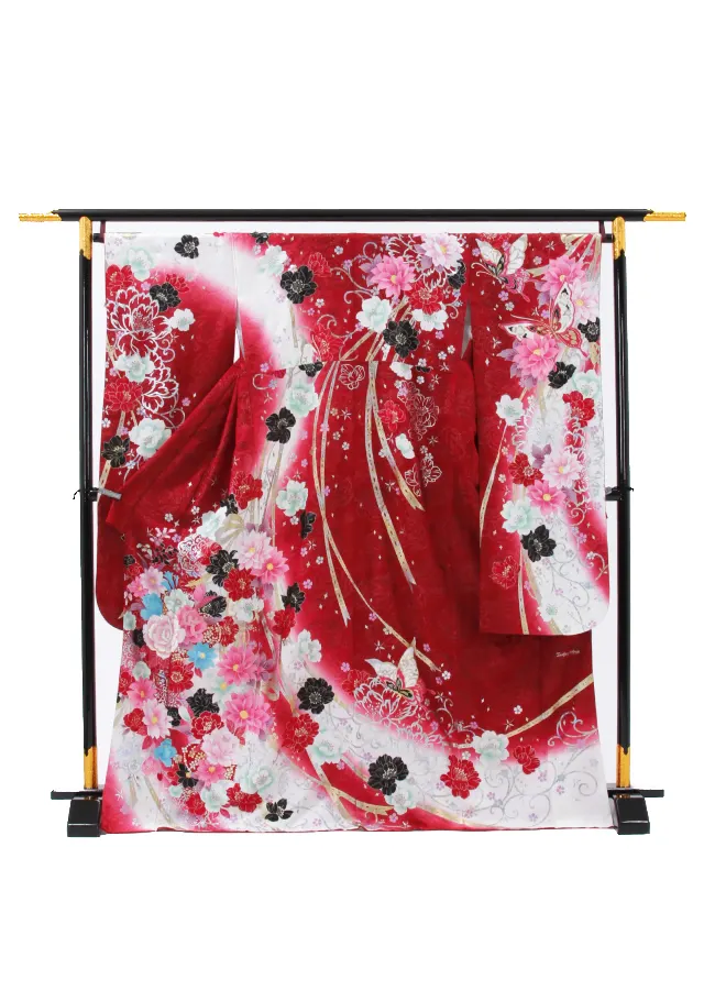 【正絹】卒業式女性袴 振袖袴 赤 菊牡丹/黒袴 0353