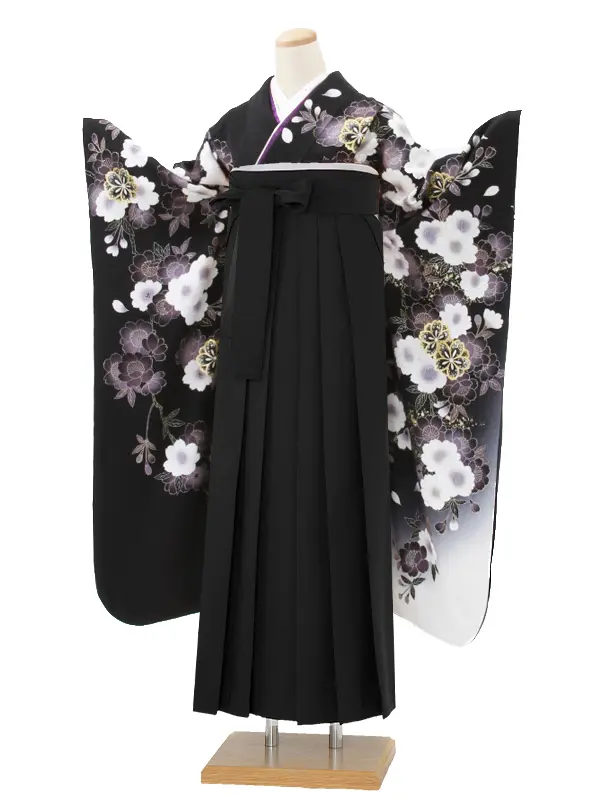 【正絹】卒業式女性袴 振袖袴 黒 八重桜/黒袴 0357