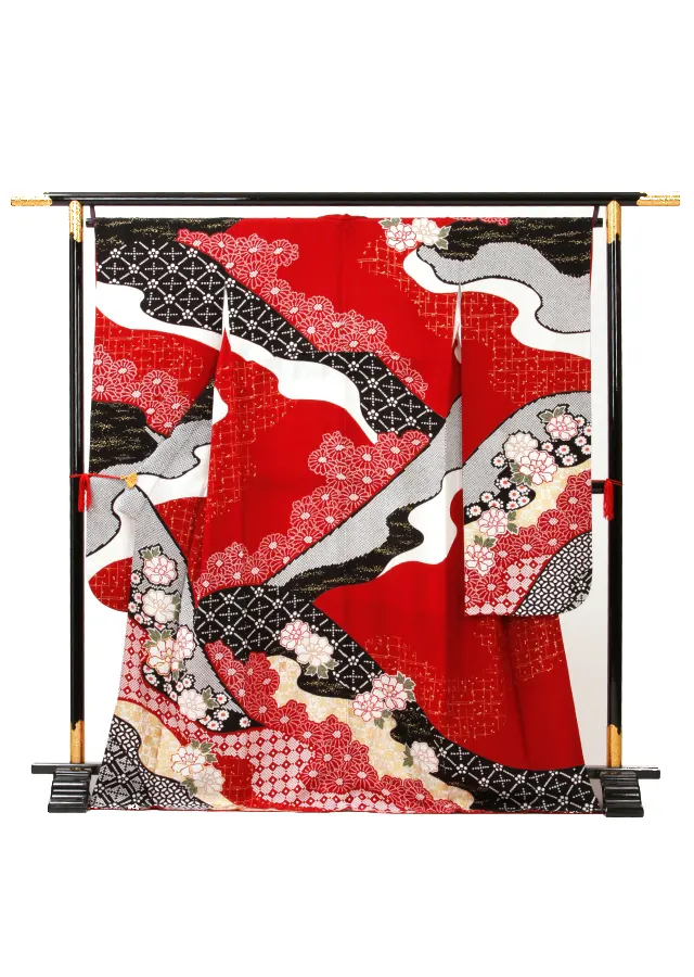 【正絹】卒業式女性袴 振袖袴 赤 牡丹 鹿の子/黒袴 0364
