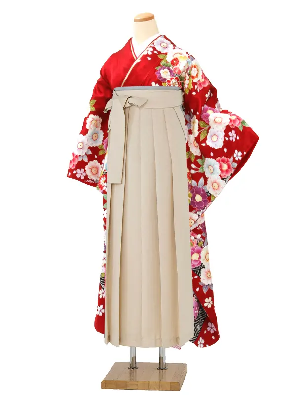 【正絹】卒業式女性袴 振袖袴 赤 八重桜菊牡丹/ベージュ袴 0368