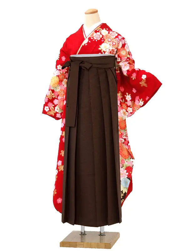 【正絹】卒業式女性袴 振袖袴 赤 菊牡丹桜/茶袴 0370