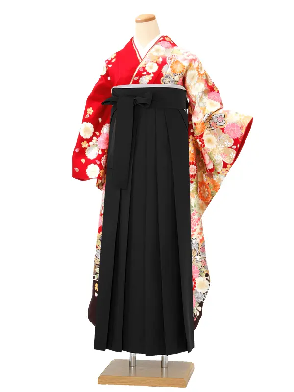 【正絹】卒業式女性袴 振袖袴 赤 菊牡丹桜 /黒袴 0371