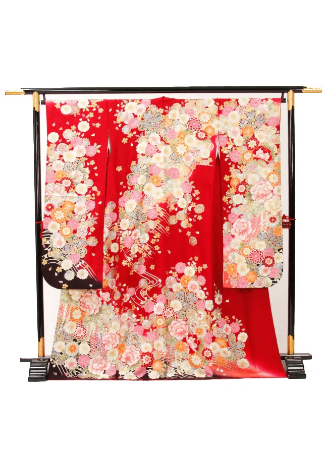 【正絹】卒業式女性袴 振袖袴 赤 菊牡丹桜 /黒袴 0371